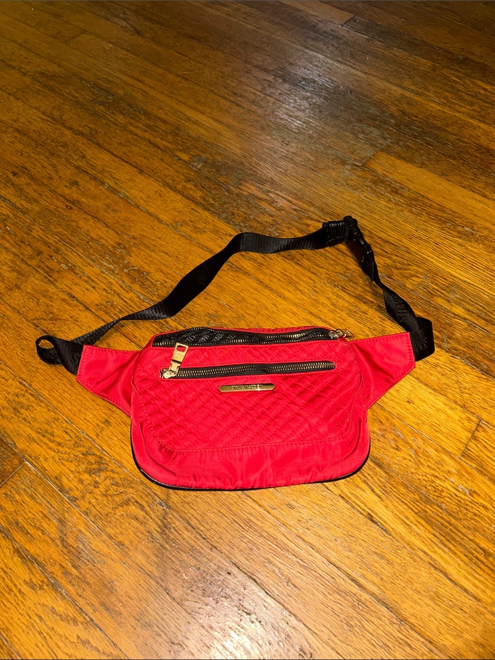 Steve Madden Red Quilted Crossbody Belt Bag with Black Strap
